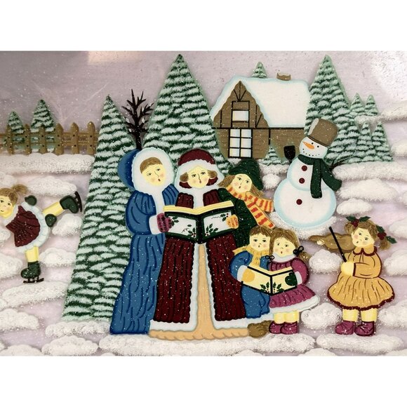 Winter Holiday Framed Hand-Painted Wall Window Hanging Carolers Snowman Skater - Picture 2 of 7